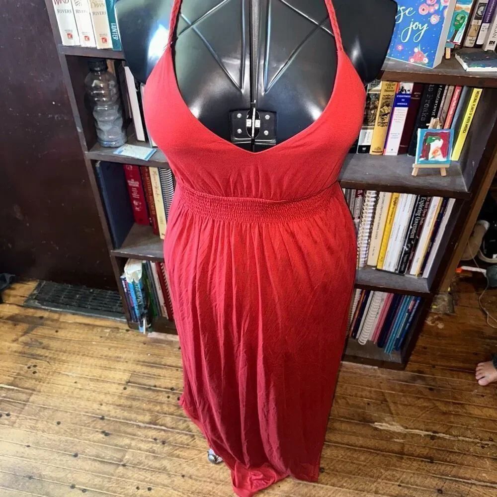 Sundance red v-neck strappy knit smocked waist maxi dress